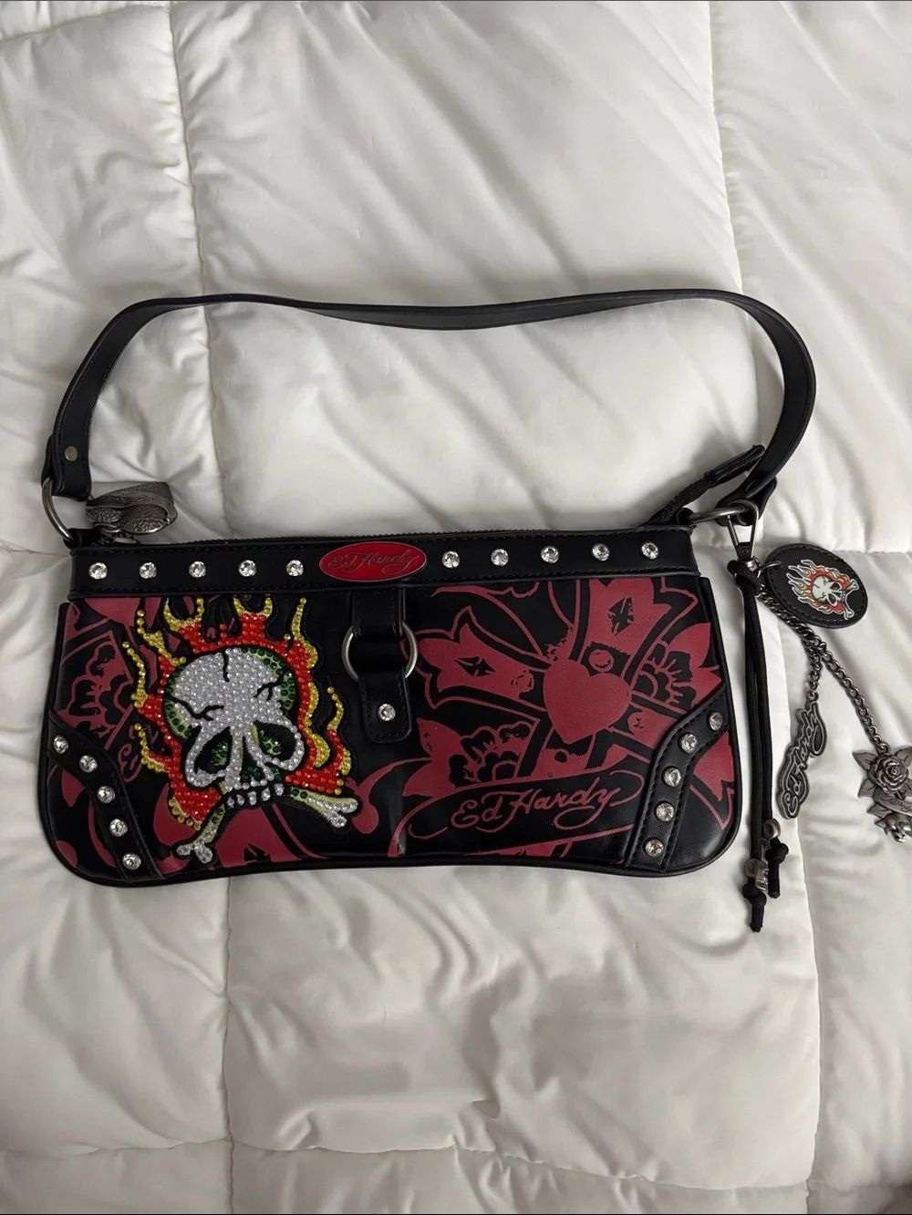 Ed Hardy Black with Red and Yellow Skull Embellished Shoulder Bag